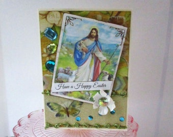 Vintage Style EASTER Card with Jesus, Shepherd, Butterfly - Handmade Blank Greeting Card