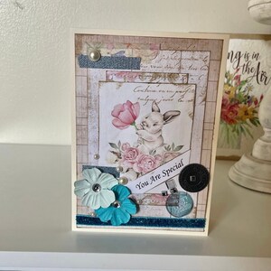 BIRTHDAY or SPECIAL Occasion Card Handmade Vintage-Style Bunny Roses Victorian Shabby Chic Homemade