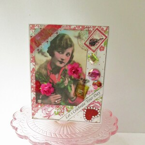 BIRTHDAY card Handmade vintage style Victorian Woman Greeting Card Pink & red Shabby Chic Homemade