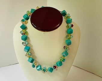 Handmade NECKLACE Strand Turquoise Beaded Crystal Glass Costume Jewlery Artisan