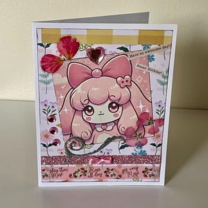 Birthday Cart kawaii art style Mixed Media Greeting Pink Handmade Bunny Super Cute!