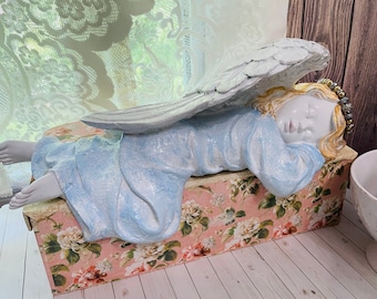 French Country Decorated statue Sleepy angel shelf sitter crown Vintage French rhinestone decor Cherub shelf wing baby Shabby Statue