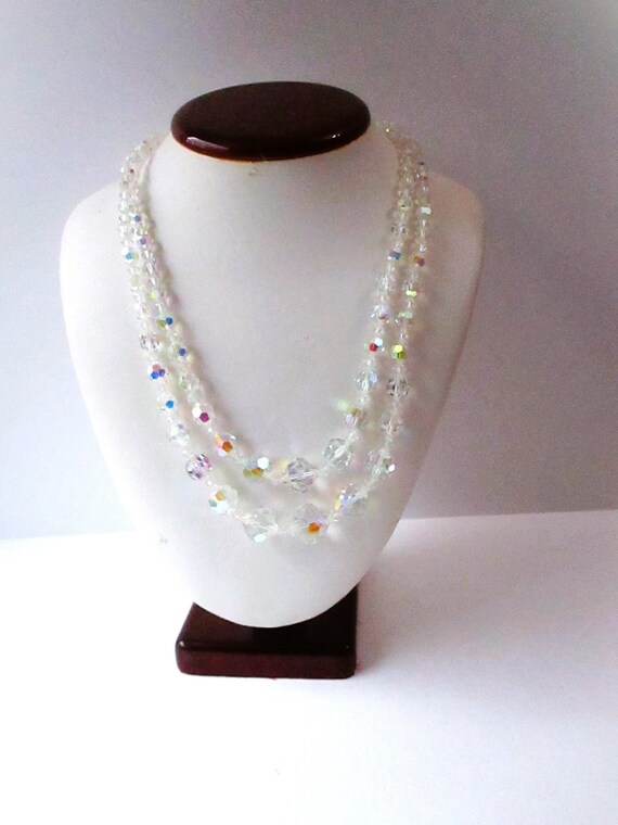 Vintage JEWELRY NECKLACE Double Strand Graduated Clear Crystal Beaded with Rhinestone Clasp Aurora Borealis