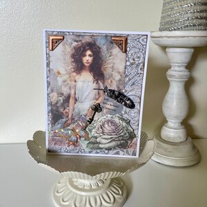 Angel Handmade vintage style Mixed Media Greeting Card Flower woman Shabby Chic Homemade