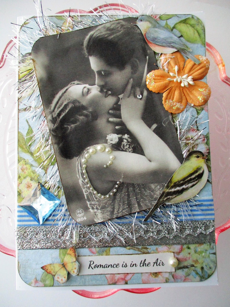 Anniversary Card Love Handmade Vintage Style Greeting romance blue