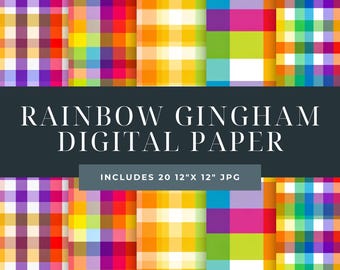 Rainbow Gingham Watercolour Digital Paper JPG (Digital Download)