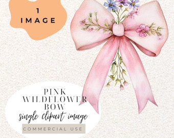 Laço de fita de coquete de flores silvestres rosa aquarela clipart PNG (download digital)