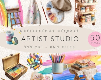 Estudio de artista, acuarela PNG Clipart, materiales de arte, herramientas de pintura, ilustración de artista, pintor, SVG, artista divertido, decoración de estudio