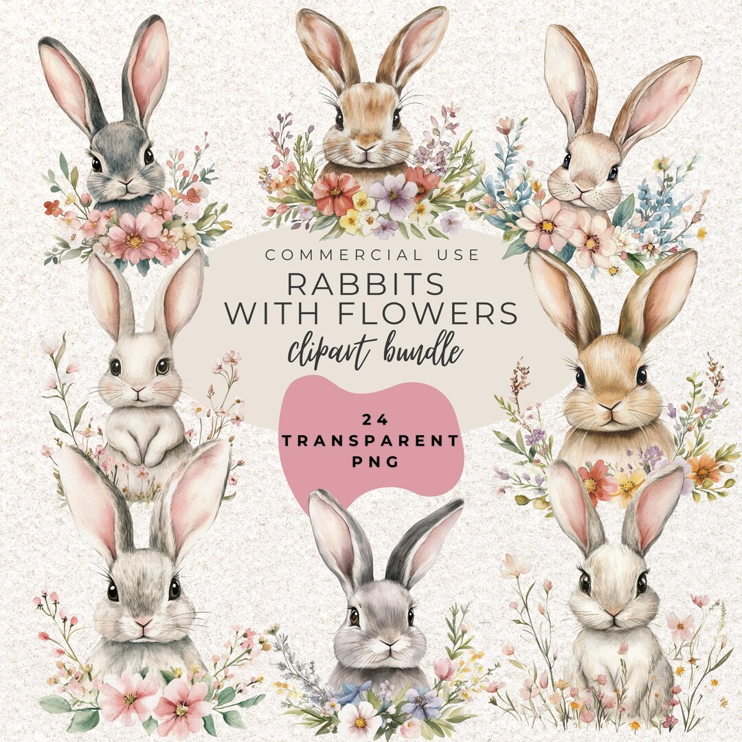 Spring Watercolour Rabbits Bunny Rabbits With Spring Flowers Watercolour Clipart PNG (digital ...