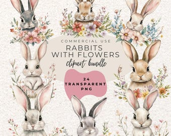 Bunny Rabbits with Spring Flowers Watercolour Clipart PNG (Digital Download)
