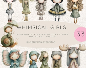 Whimsical Girls Watercolour Clipart PNG  (Digital Download)