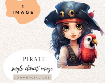 Pirate Girl With Parrot Watercolour Clipart PNG  (Digital Download)