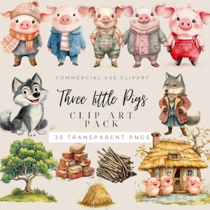 Drie biggetjes clipart, commercieel gebruik, instant download, grote boze wolf png, varken clipart, kinderkamer, aquarel, huis clipart, kinderen
