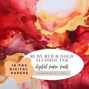 Ruby Red Gold Alcohol Ink Watercolor Illustration (Digital Download 12"x12")