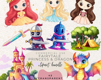 Fairytale Princess & Dragon Once Upon A Time Watercolour Clipart PNG  (Digital Download)