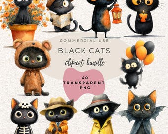 Black Cats Halloween Watercolour Clipart PNG  (Digital Download)