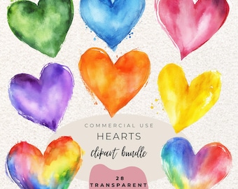 Corazones arcoíris de amor, acuarela, clipart PNG (descarga digital)
