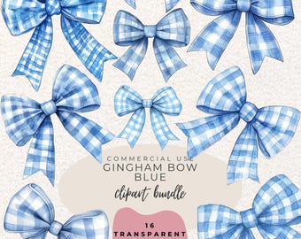 Blue Gingham Bows Watercolour Clipart PNG (Digital Download)