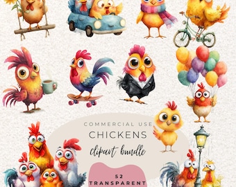 Chickens Watercolour Clipart PNG  (Digital Download)