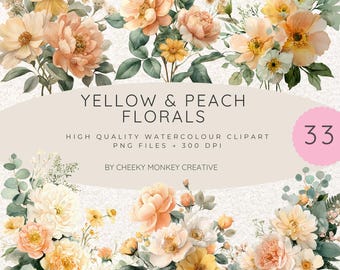 Yellow and Peach Floral Roses and Peony Watercolour Clipart PNG  (Digital Download)