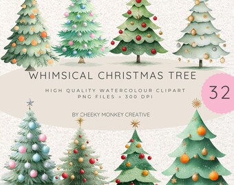 Whimsical Christmas Trees Watercolour Clipart PNG (Digital Download)