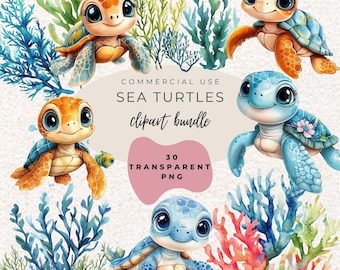 Sea Turtle Ocean Nautical Watercolour Clipart PNG (Digital Download)