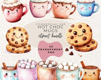 Bevande invernali al cioccolato caldo, acquerello, clipart PNG (download digitale)