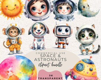 Space and Astronaut Watercolour Clipart PNG  (Digital Download)