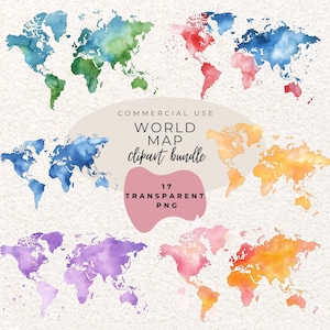 World Map Around the World Watercolour Clipart PNG  (Digital Download)