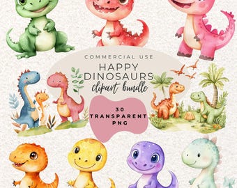 Happy Dinosaur Watercolour Clipart PNG  (Digital Download)