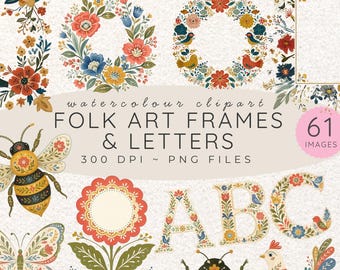 Folk Art Frames & Alphabet Watercolor Clipart PNG, Floral, Wedding Invitation, Alphabet Clipart , Baby Shower, Boho Birthday, Cottagecore