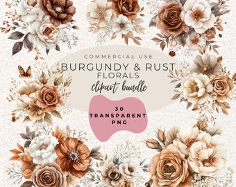 Burgundy Rust Autumn Floral Bouquets Boho Rose Peony Watercolour Clipart PNG  (Digital Download)