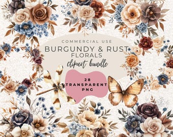 Burgundy Rust Flower Autumn Floral Bouquets Boho Rose Peony Watercolour Clipart PNG  (Digital Download)