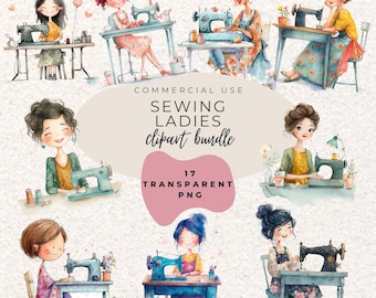 Sewing Crafting Ladies Watercolour Clipart PNG (Digital Download)