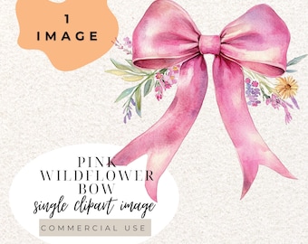 Laço de fita de coquete de flores silvestres rosa aquarela clipart PNG (download digital)