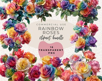 Rainbow Roses Watercolour Clipart PNG  (Digital Download)