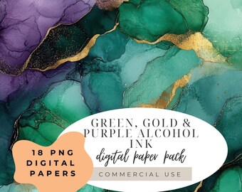 Green Gold Purple Alcohol Ink Watercolor Illustration (Digital Download 12"x12")