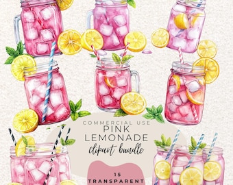 Pink Lemonade Mason Jar Watercolour Clipart PNG (Digital Download)