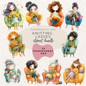 Knitting Crafting Ladies Watercolor Clipart PNG (Digital Download)