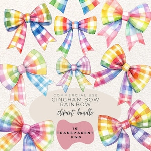 Rainbow Gingham Bows Watercolour Clipart PNG l Coquette Ribbons Bows Clipart l Simple Ribbons l Retro Bow Clip Art l Baby Shower l Cute Bow