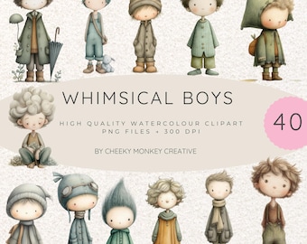 Whimsical Boys Watercolour Clipart PNG  (Digital Download)