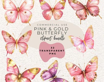Pink & Gold Butterfly Watercolour Clipart PNG  (Digital Download)