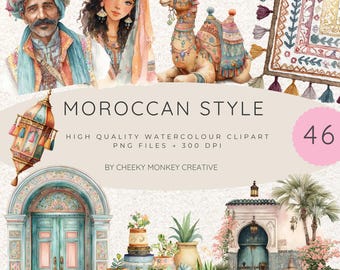 May include: Watercolor clipart set with a Moroccan theme. The image includes illustrations of people, a camel, a rug, a lantern, doors, and plants. Text on the image reads "MOROCCAN STYLE" and "HIGH QUALITY WATERCOLOUR CLIPART PNG FILES + 300 DPI".