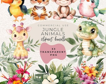 Dschungel Tiere Aquarell Clipart PNG (Digital Download)