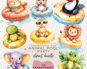 Animal Summer Pool Party Clipart Watercolour Clipart PNG (Digital Download)