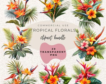 Tropical Floral Bouquets Watercolour Clipart PNG  (Digital Download)