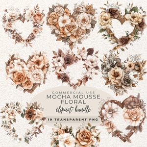 Mocha Mousse Floral Clipart l Watercolor Clipart l Commercial Use l Watercolor Flowers l Hearts Mocha l Baby Shower l Wedding l Junk Journal