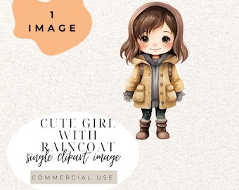 Girl in Raincoat Watercolor Clipart (Digital Download)