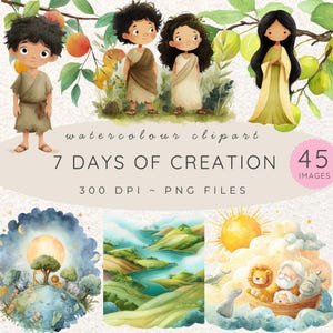 Pode incluir: Uma coleção digital de 45 imagens clipart em aquarela intitulada 7 DAYS OF CREATION. O conjunto inclui ilustrações de crianças com roupas simples, um globo com animais, paisagens verdes e um barco com um leão e uma figura.