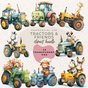 Op de afbeelding: Watercolor clipart bundel met verschillende tractoren in blauw, groen en geel. Elke tractor heeft een vriendelijke dierlijke bestuurder, waaronder een zebra, hond en ezel. De tekst luidt "Tractors & Friends clipart bundle".